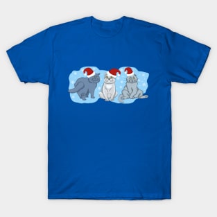 Christmas cats. Three cats on a blue background with snowflakes. T-Shirt